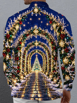 Adaychic Men's Long Sleeve Shirt - Christmas Tree And Archway With Ornaments Print with Chest Pocket