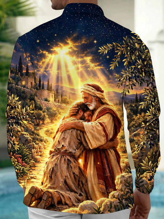 Adaychic Men's Printed Biblical Prodigal Son Embrace Print Long Sleeve Shirt with Chest Pocket