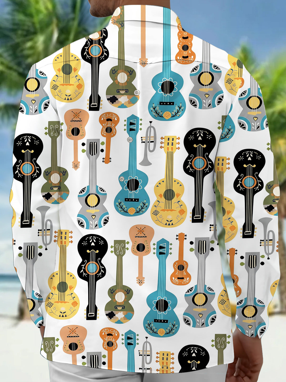 Adaychic Men's Graphic Musical Instruments Print Guitar Print Long Sleeve Shirt with Chest Pocket