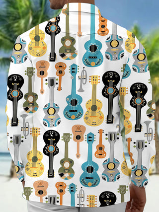Adaychic Men's Graphic Musical Instruments Print Guitar Print Long Sleeve Shirt with Chest Pocket