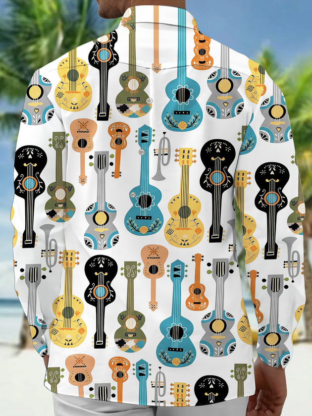 Adaychic Men's Graphic Musical Instruments Print Guitar Print Long Sleeve Shirt with Chest Pocket