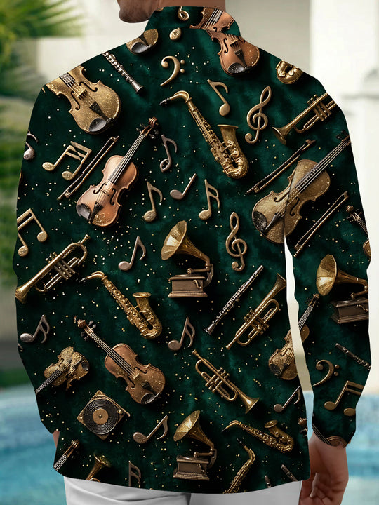 Adaychic Men's Vintage Musical Instruments And Notes Print Long Sleeve Shirt with Chest Pocket