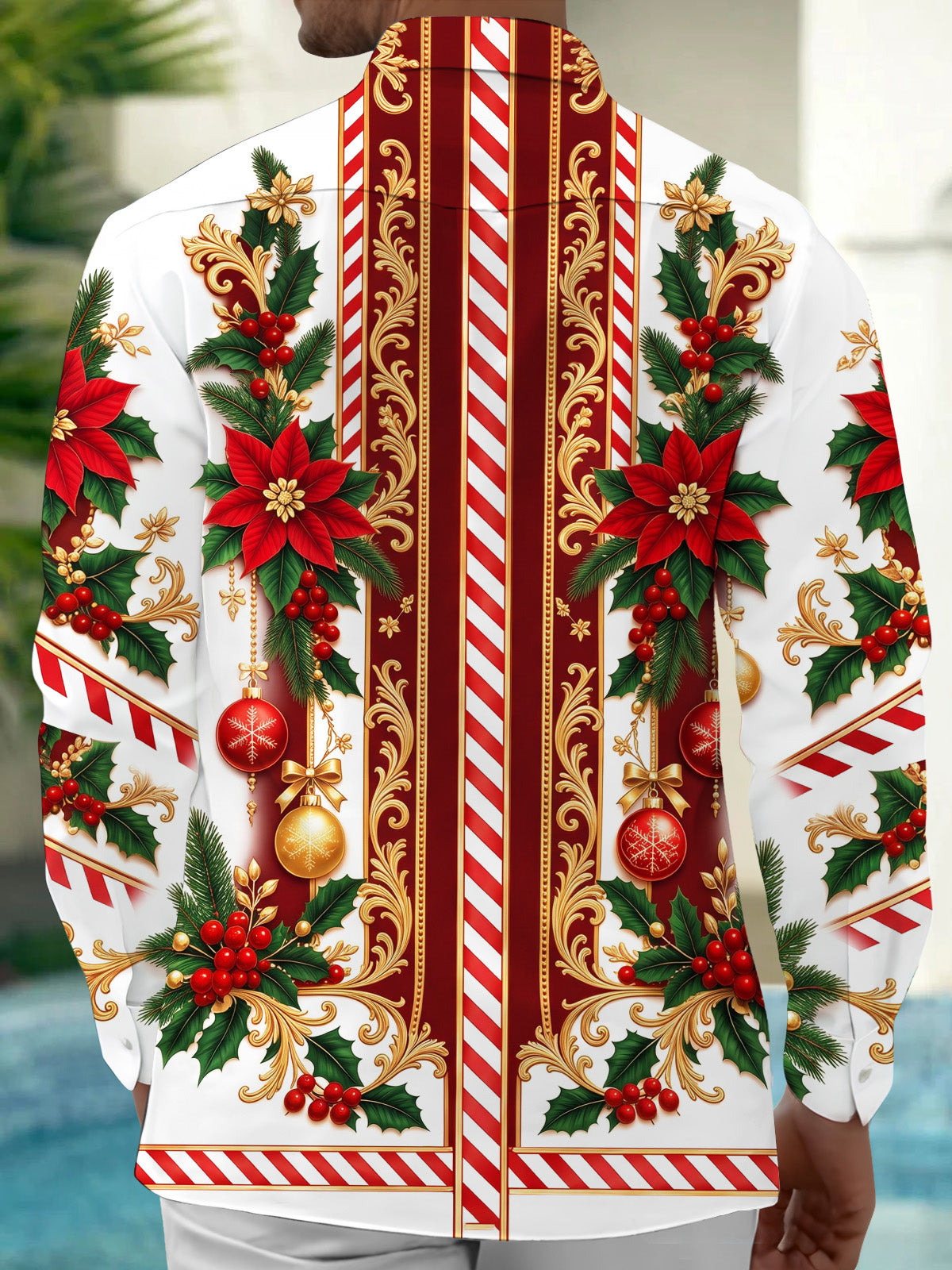 Adaychic Men's Long Sleeve Shirt - Poinsettia And Holly With Christmas Ornaments Print with Chest Pocket