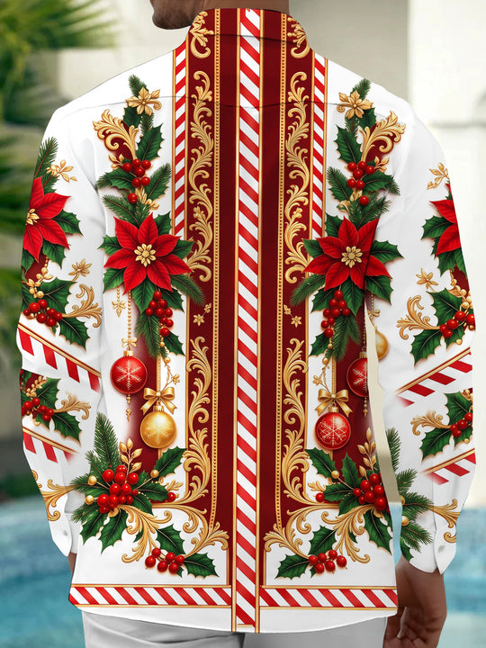 Adaychic Men's Long Sleeve Shirt - Poinsettia And Holly With Christmas Ornaments Print with Chest Pocket