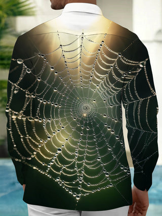 Adaychic Men's Graphic Spider Web With Dew Drops Print Long Sleeve Shirt with Chest Pocket