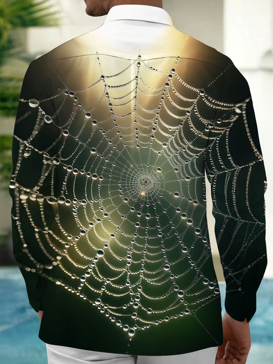 Adaychic Men's Graphic Spider Web With Dew Drops Print Long Sleeve Shirt with Chest Pocket