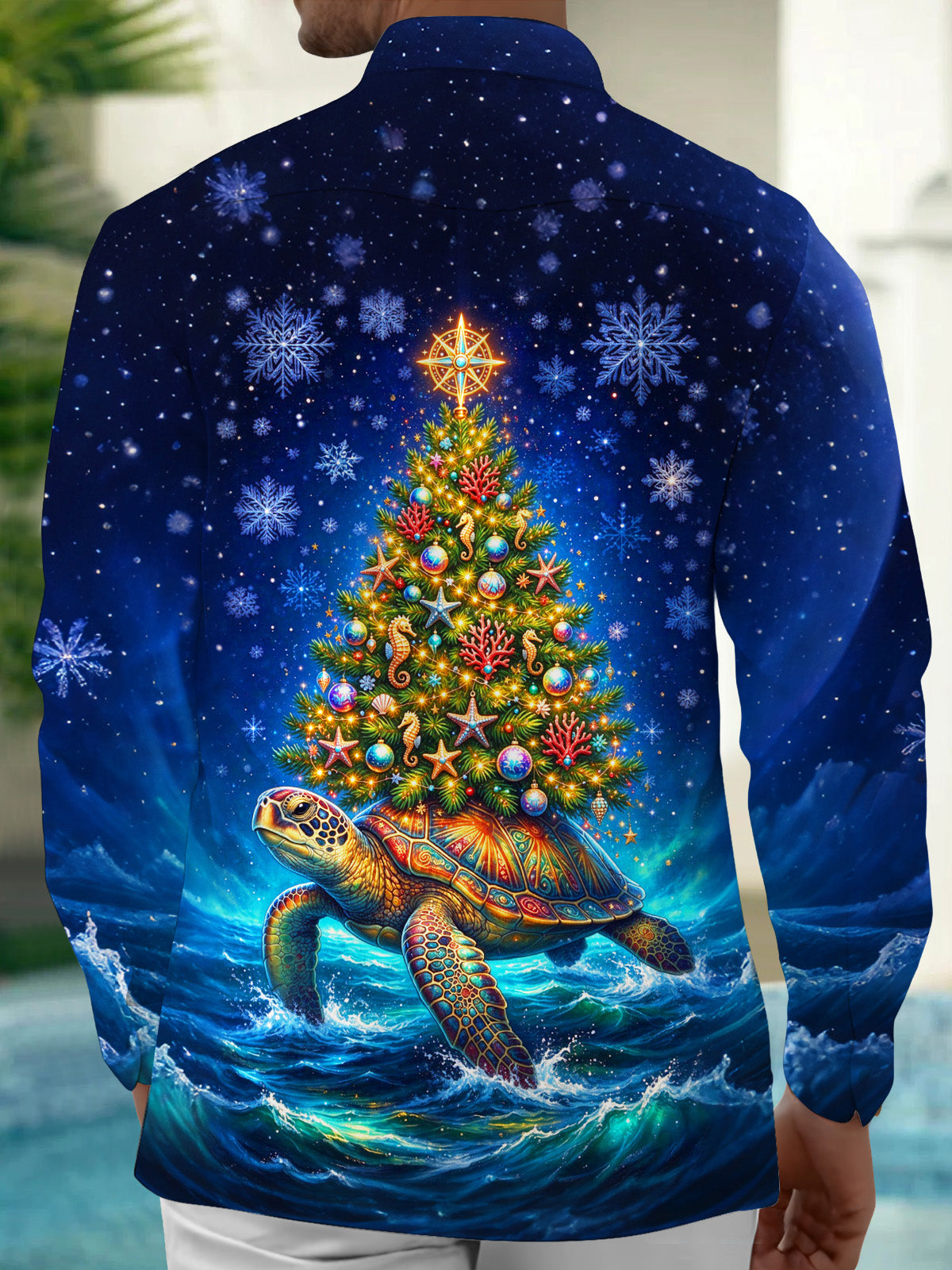 Adaychic Men's Graphic Sea Turtle And Christmas Tree Print Long Sleeve Shirt with Chest Pocket
