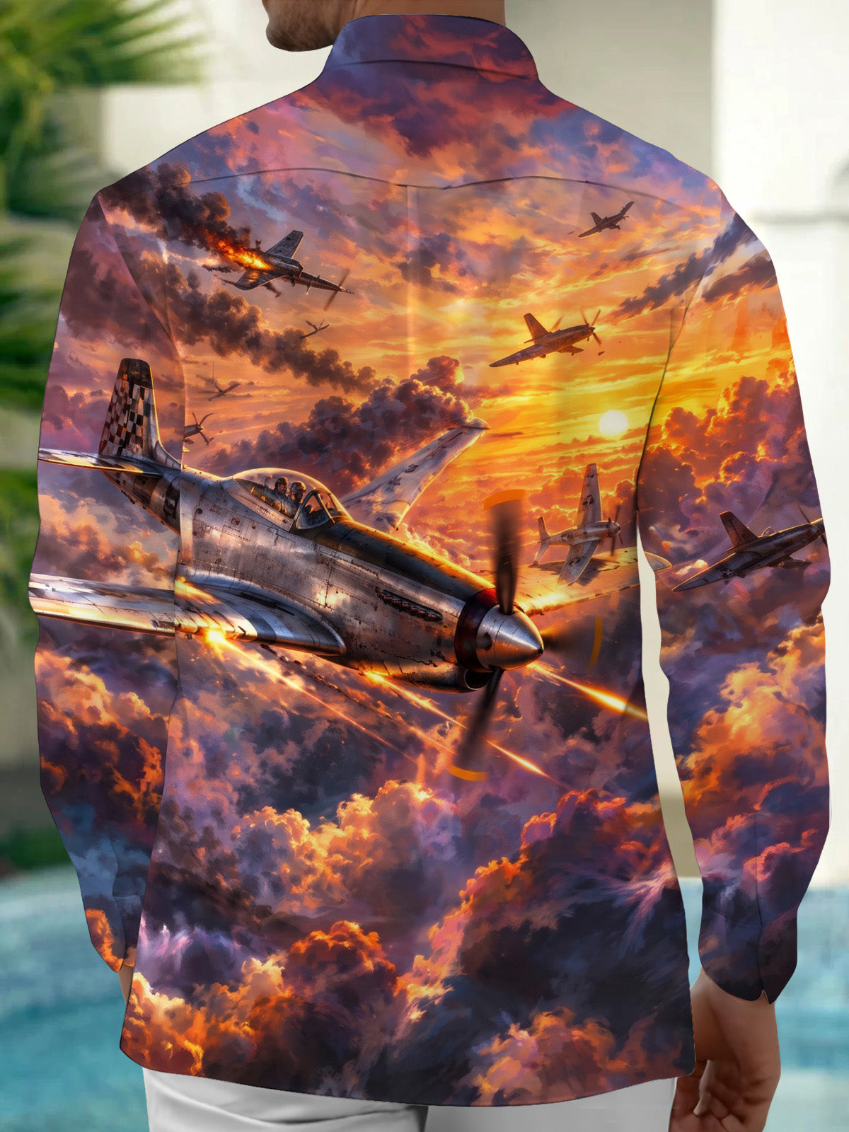 Adaychic Men's Printed Vintage Airplanes And Sunset Sky Print Long Sleeve Shirt with Chest Pocket