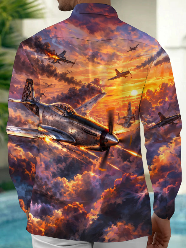 Adaychic Men's Printed Vintage Airplanes And Sunset Sky Print Long Sleeve Shirt with Chest Pocket