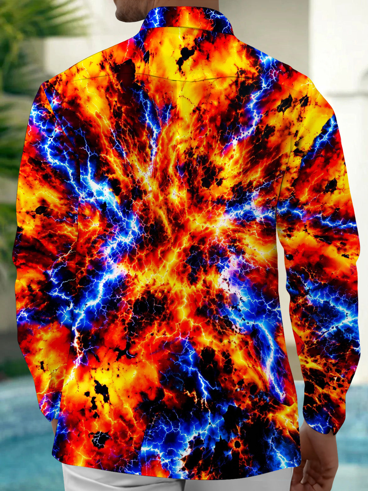 Adaychic Men's Tie Dye Abstract Lava And Lightning Pattern Long Sleeve Shirt with Chest Pocket