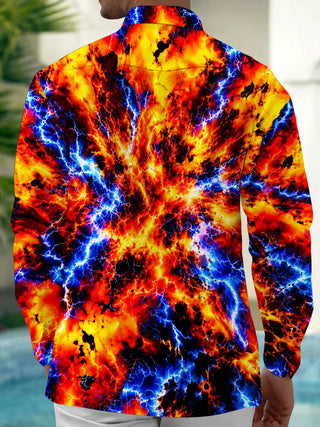 Adaychic Men's Tie Dye Abstract Lava And Lightning Pattern Long Sleeve Shirt with Chest Pocket