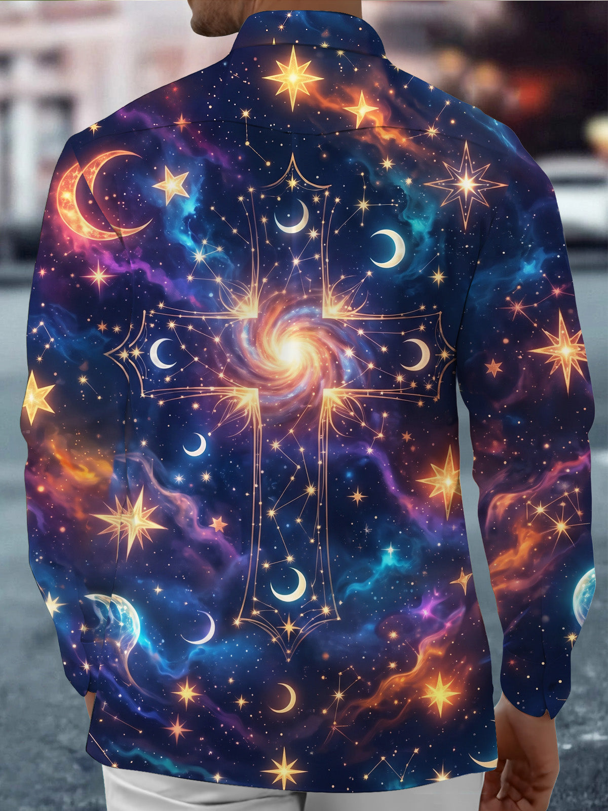 Adaychic Men's Galaxy Cross With Stars And Moons Print Long Sleeve Shirt with Chest Pocket