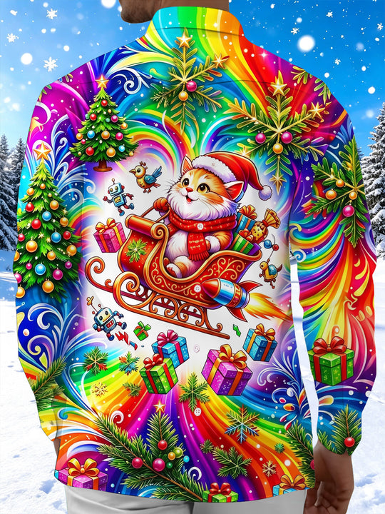 Adaychic Men's Graphic Christmas Cat In Rocket Sleigh Print Long Sleeve Shirt with Chest Pocket