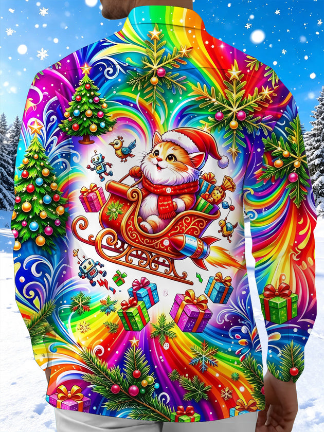 Adaychic Men's Graphic Christmas Cat In Rocket Sleigh Print Long Sleeve Shirt with Chest Pocket