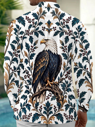 Adaychic Men's Printed Bald Eagle And Floral Branches Print Long Sleeve Shirt with Chest Pocket