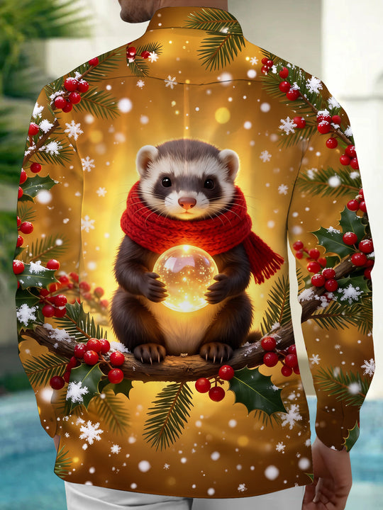 Adaychic Men's Long Sleeve Shirt - Christmas Ferret With Red Scarf And Glowing Orb Print with Chest Pocket