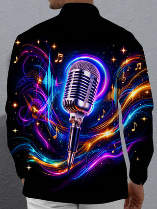 Adaychic Men's Long Sleeve Shirt - Vintage Microphone With Neon Music Notes And Sound Waves Print with Chest Pocket
