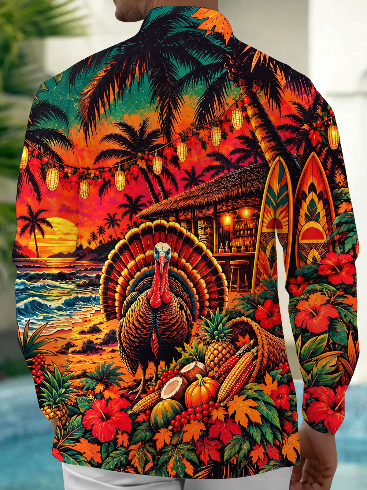 Adaychic Men's Thanksgiving Turkey And Harvest Basket Print Long Sleeve Shirt with Chest Pocket