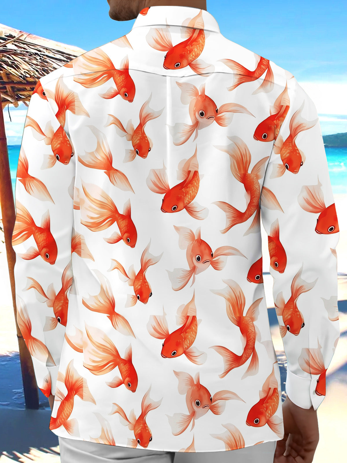 Adaychic Men's Hawaiian Goldfish Pattern Orange Fish Print Long Sleeve Shirt with Chest Pocket