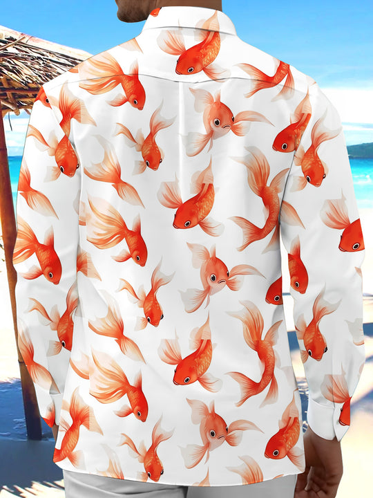 Adaychic Men's Hawaiian Goldfish Pattern Orange Fish Print Long Sleeve Shirt with Chest Pocket