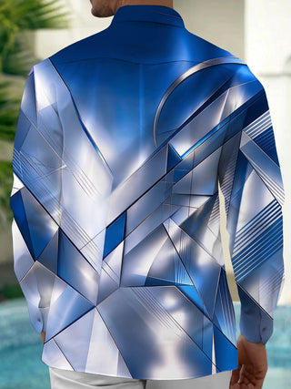 Adaychic Men's Long Sleeve Shirt - Blue And Silver Metallic Geometric Facets Print with Chest Pocket