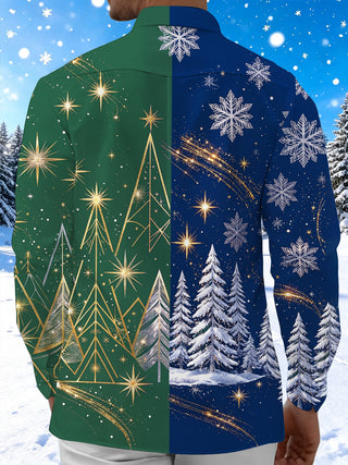 Adaychic Men's Long Sleeve Shirt - Color Block Christmas Trees And Golden Stars Print with Chest Pocket