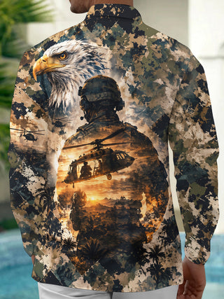 Adaychic Men's Long Sleeve Shirt - Military Soldier And Eagle With Helicopters Print with Chest Pocket