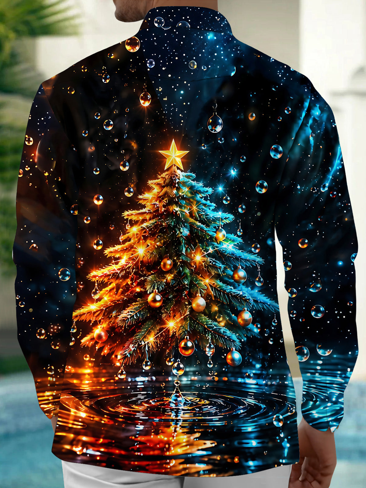 Adaychic Men's Christmas Tree With Ornaments And Star Print Long Sleeve Shirt with Chest Pocket