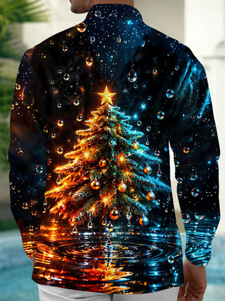 Adaychic Men's Christmas Tree With Ornaments And Star Print Long Sleeve Shirt with Chest Pocket