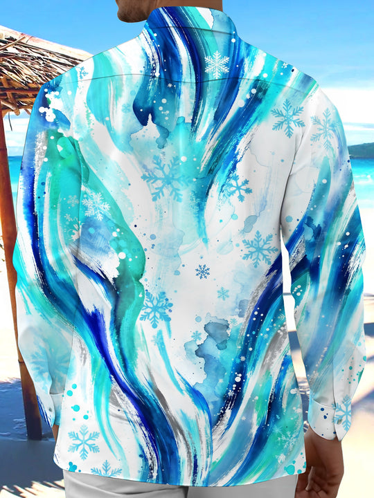 Adaychic Men's Abstract Watercolor Waves And Snowflakes Print Long Sleeve Shirt with Chest Pocket