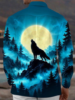 Adaychic Men's Printed Howling Wolf And Full Moon Print Long Sleeve Shirt with Chest Pocket