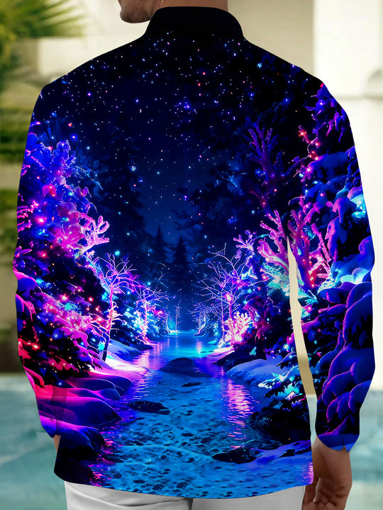 Adaychic Men's Printed Neon Winter Forest Print Long Sleeve Shirt with Chest Pocket