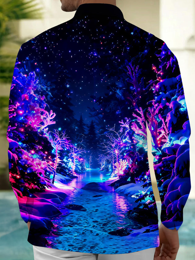 Adaychic Men's Printed Neon Winter Forest Print Long Sleeve Shirt with Chest Pocket