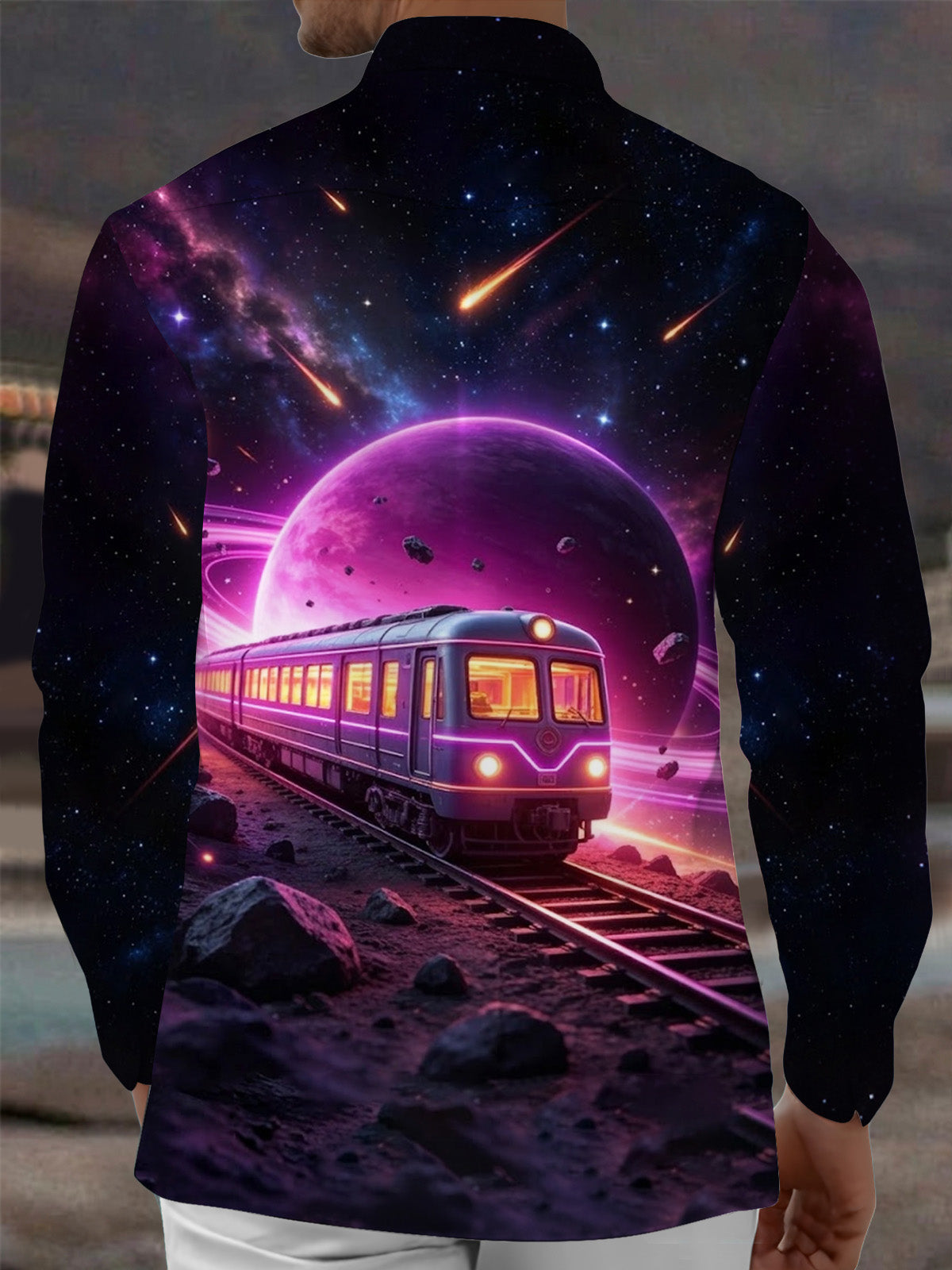 Adaychic Men's Graphic Space Planet And Train Print Long Sleeve Shirt with Chest Pocket