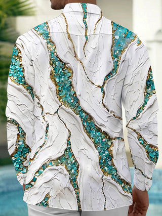 Adaychic Men's Printed Abstract Marble Texture Print Long Sleeve Shirt with Chest Pocket