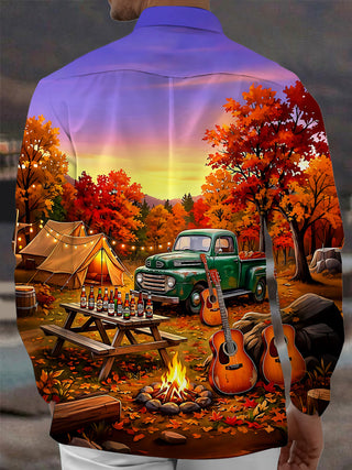 Adaychic Men's Vintage Style Autumn Camping Scene Print Long Sleeve Shirt with Chest Pocket