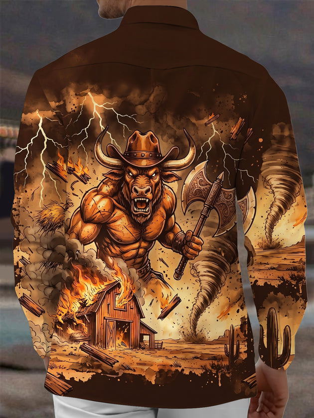 Adaychic Men's Graphic Western Bull Warrior Print Long Sleeve Shirt with Chest Pocket