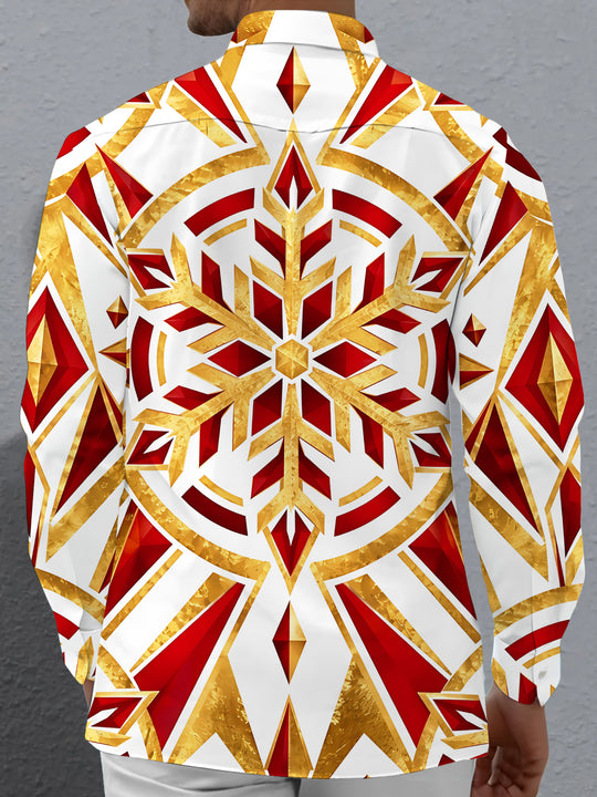 Adaychic Men's Printed Geometric Snowflake Pattern Long Sleeve Shirt with Chest Pocket