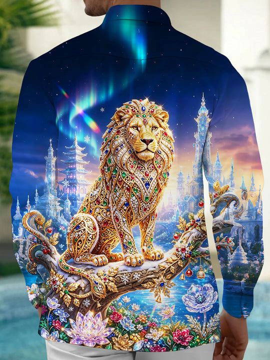 Adaychic Men's Long Sleeve Shirt - Winter Snow And Christmas Ornaments Print Gem Inlaid Lion Print with Chest Pocket