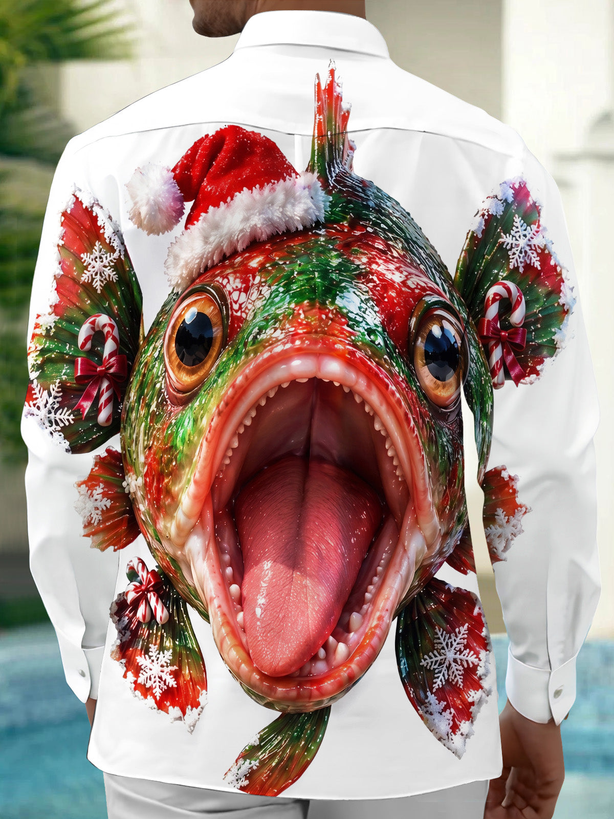 Adaychic Men's Graphic Christmas Fish With Santa Hat Print Long Sleeve Shirt with Chest Pocket