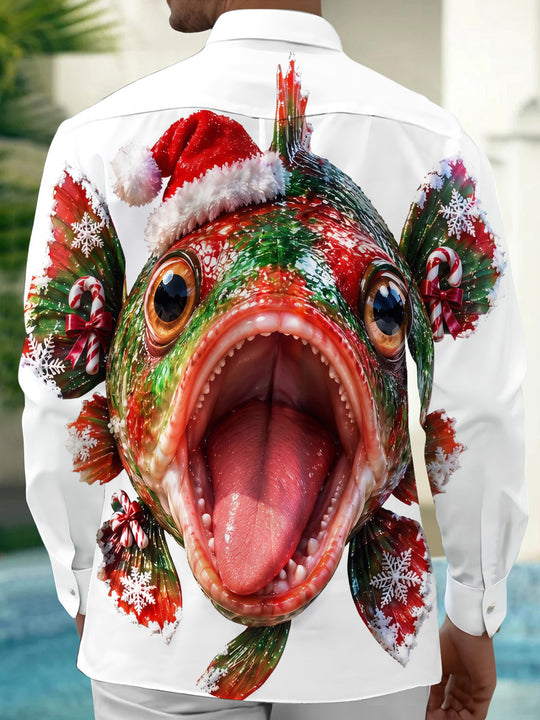 Adaychic Men's Graphic Christmas Fish With Santa Hat Print Long Sleeve Shirt with Chest Pocket