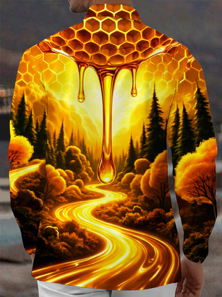 Adaychic Men's Printed Honeycomb And Dripping Honey Print Long Sleeve Shirt with Chest Pocket