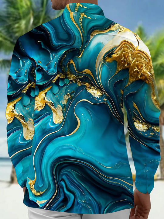 Adaychic Men's Printed Marble Effect Print Gold Veins Print Long Sleeve Shirt with Chest Pocket