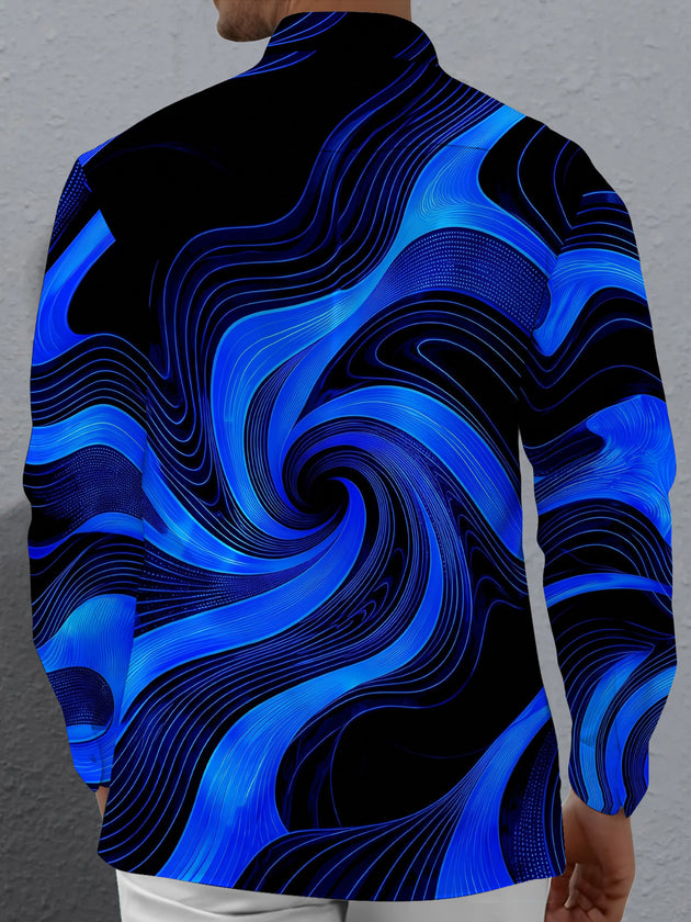 Adaychic Men's Abstract Abstract Blue And Black Swirl Pattern Long Sleeve Shirt with Chest Pocket
