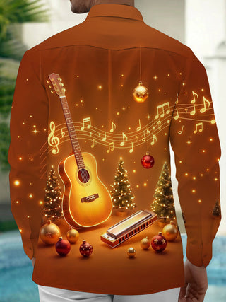 Adaychic Men's Graphic Christmas Guitar Print Long Sleeve Shirt with Chest Pocket