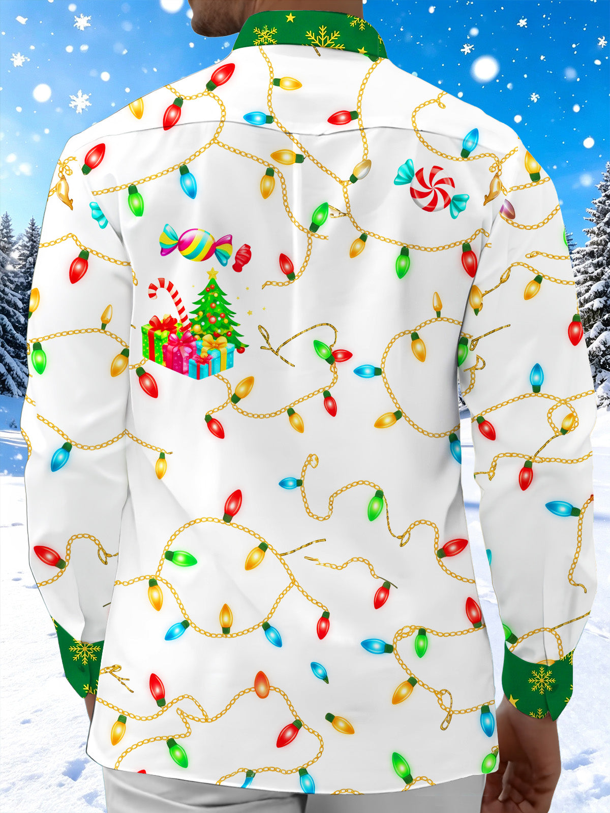 Adaychic Men's Printed Christmas Tree And Gifts Print Long Sleeve Shirt with Chest Pocket
