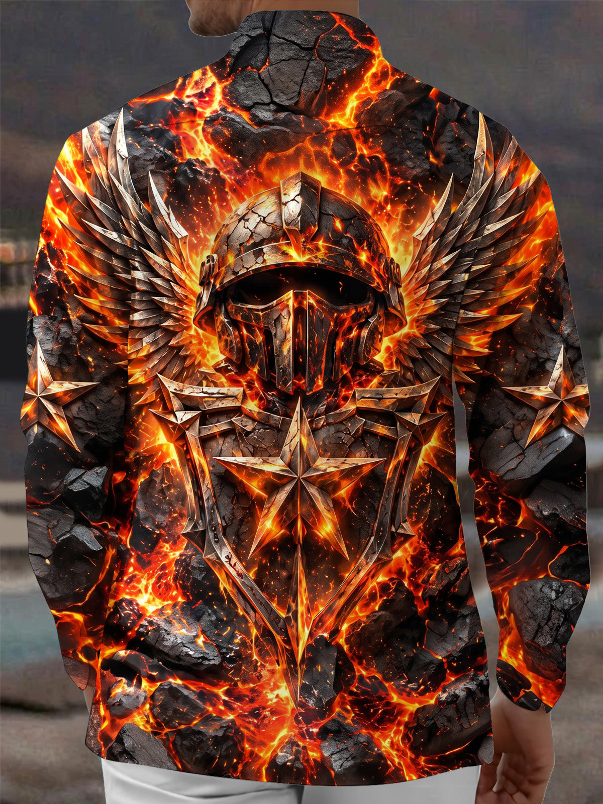 Adaychic Men's Lava And Winged Helmet With Stars Print Long Sleeve Shirt with Chest Pocket