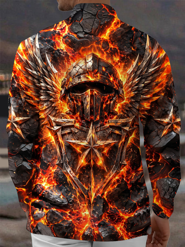Adaychic Men's Lava And Winged Helmet With Stars Print Long Sleeve Shirt with Chest Pocket