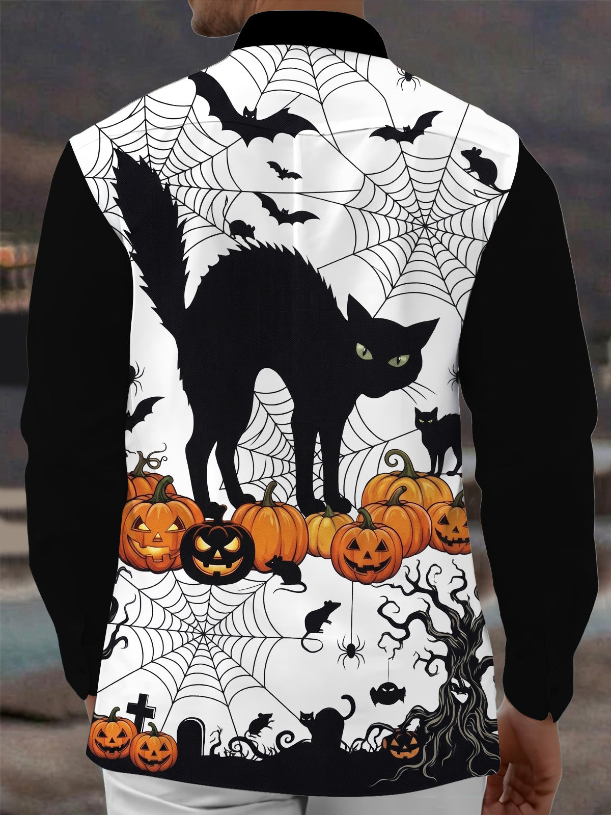 Adaychic Men's Graphic Halloween Black Cat Print Long Sleeve Shirt with Chest Pocket