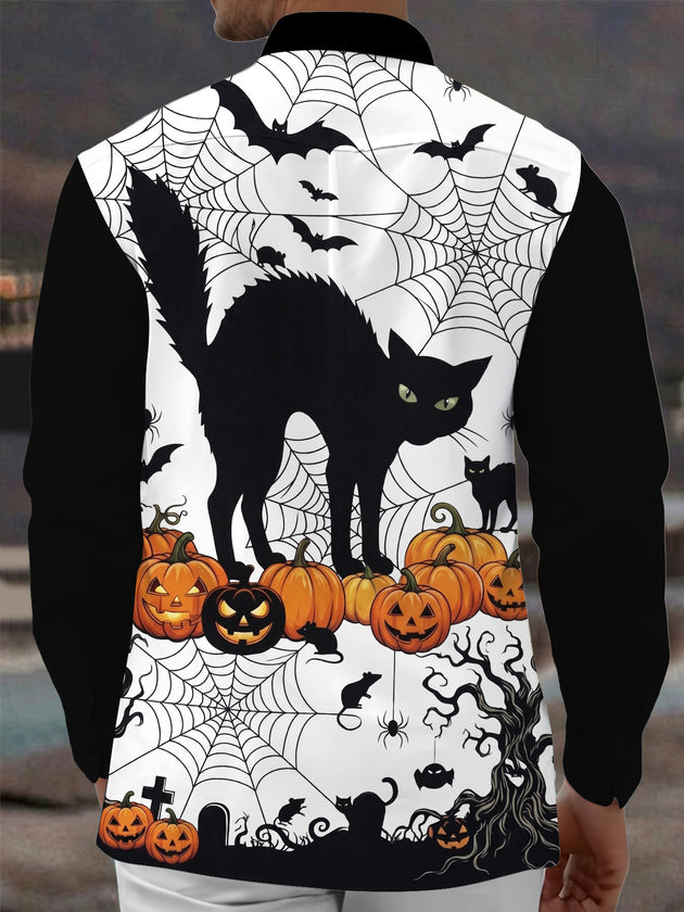 Adaychic Men's Graphic Halloween Black Cat Print Long Sleeve Shirt with Chest Pocket
